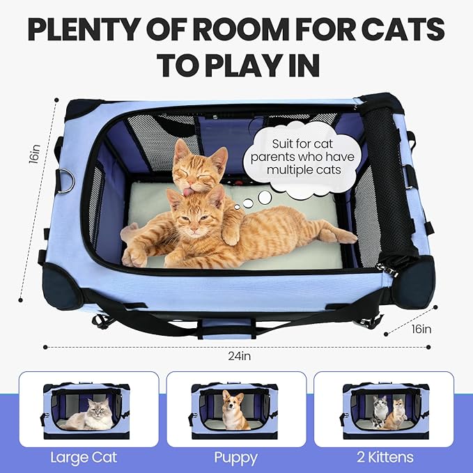 PEGIC Large Cat Carrier for Car Travel, Pegic Soft Sided Collapsible Pet Carrier for Outdoor and Indoor Uses, Roomy Extra Large Cat Carrier for 2 Kittens, Large Cat or Puppies Up to 50lbs (Blue)