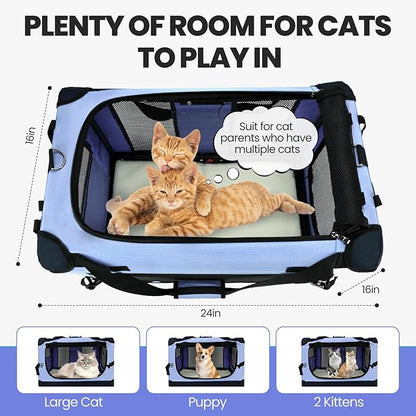 PEGIC Large Cat Carrier for Car Travel, Pegic Soft Sided Collapsible Pet Carrier for Outdoor and Indoor Uses, Roomy Extra Large Cat Carrier for 2 Kittens, Large Cat or Puppies Up to 50lbs (Blue)