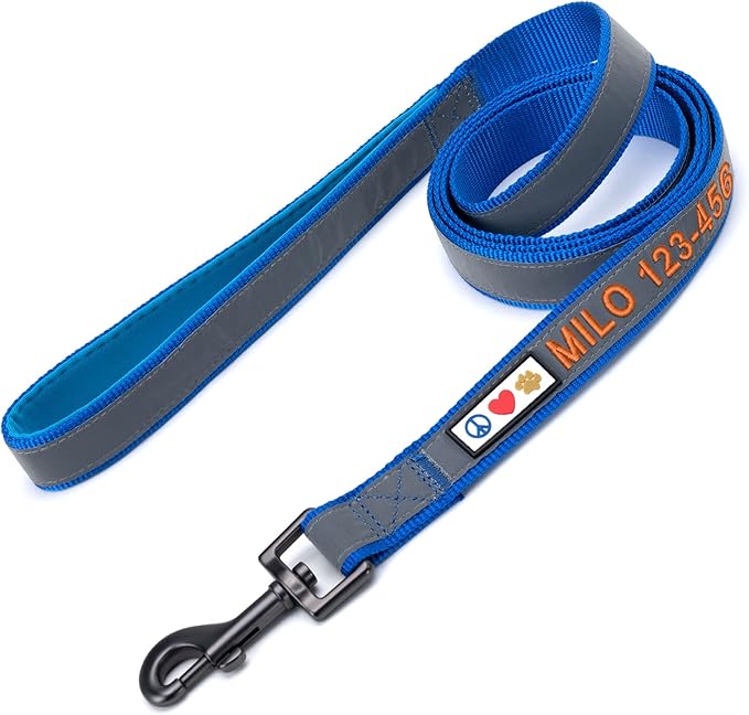 Pawtitas Personalized Blue Dog Leash 6 ft Custom ID Lead for Dogs & Puppies Reflective Comfortable Padded Handle Embroidered Name & Phone Number