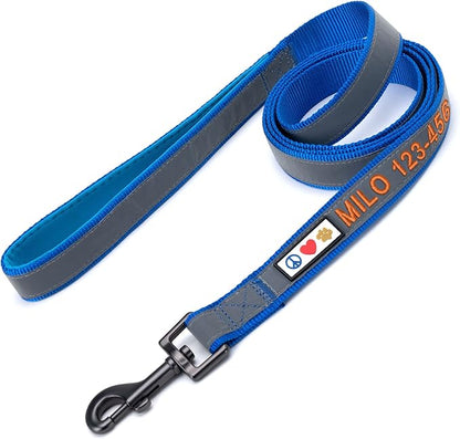 Pawtitas Personalized Blue Dog Leash 6 ft Custom ID Lead for Dogs & Puppies Reflective Comfortable Padded Handle Embroidered Name & Phone Number