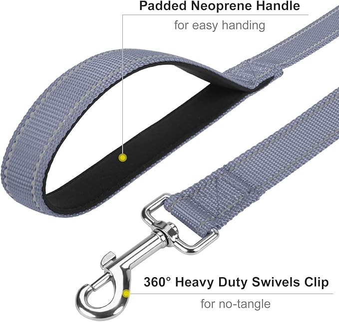4FT Reflective Nylon Dog Leash with Soft Padded Handle for Walking, Running and Training, Supports Small Medium and Large Dogs (Grey, 3/4 Inch Wide)