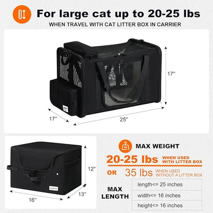 pidipiti 25''(L) x 17''(W) x 17''(H) Extra Large Expandable cat Carrier for car Travel,Soft Crate for 1 Large / 2 Medium Cats up to 35 lbs,Long Road Trip cage with a Leakproof Portable Litter Box