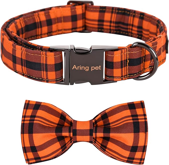 ARING PET Dog Collar, Cute Fall Dog Collar with Bow, Adjustable Halloween Orange Grid Bowtie Dog Collars Gift with Metal Buckle for Small Medium Large Dogs