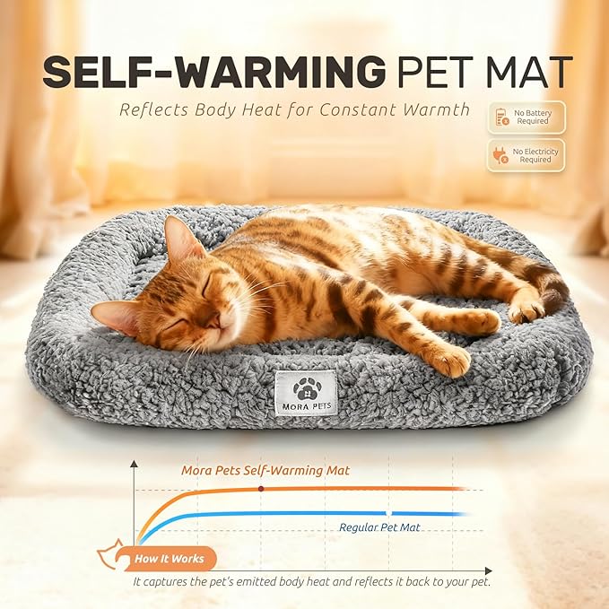 Mora Pets Self Warming Cat Bed Self Heating Pet Pad with Bolster and Foam Washable Removable Cover Non Slip Thermal Sherpa Fabric Pet Mat Grey 23 Inch