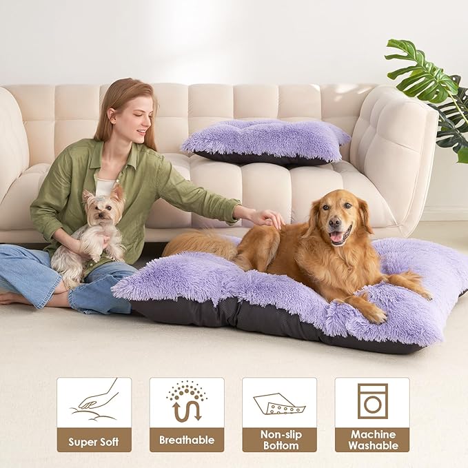 EHEYCIGA Fluffy Dog Crate Bed for Extra Large Dogs, Plush Faux Fur Crate Pad, Calming Anti Anxiety XL Dog Bed, Washable Soft Warm Mat with Non-Slip Bottom, Purple
