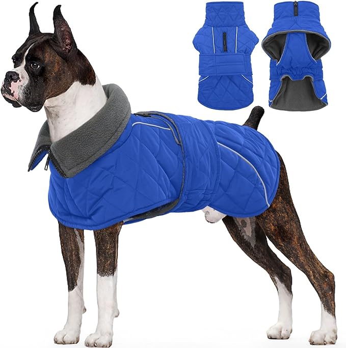 Kuoser Extra Warm Dog Coat, Windproof Cold Weather Dog Jackets for Large Dogs, Thick Fleece Lining Pet Turtleneck Snowsuit Reflective Adjustable Puppy Winter Coat Doggie Snow Jacket Blue, XL