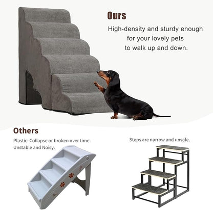 MALOROY Dog Stairs for High Beds 25-30 inches Tall, 6-Step Dog Steps for High Bed for Doggies/Kitties, 30D Foam Pet Stairs Steps for Small Dogs, Doggie Ramp/Ladder for Old Dogs/Cats, Grey