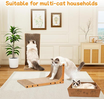 Goosheep Cat Scratching Post, 3-in1 Scratching Board for Indoor Cats, 2PK 22in L-Shaped Cat Scratcher with 1PK Cardboard Box Scratch Pad, Cats Scratch Furniture Protector with Feathered Toy