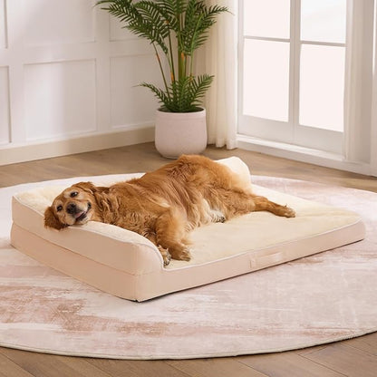 Dog Bed Large Sized Dogs, XXL Orthopedic Dog Bed for Large Dogs, Waterproof Pet Bed with Washable Removable Cover, L-Shaped Pet Couch with Portable Handle 48"x35"x7.5", Beige