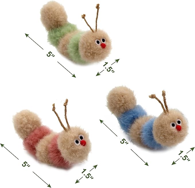 Jumpaws Interactive Natural 3 PK Catnip Toy, with Rattle, Bite Resistant, for All Ages Indoor Cat, Soft Caterpillar Toys, Fluffy Kitten Toy