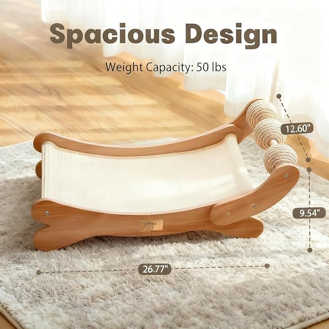 RizzQi Sisal Cat Scratcher Bed with 3 Toy Balls for Indoor Cats, Durable Wooden 3-in-1 Hammock Lounge & Scratch Pad - Modern Furniture for Large Cats, Scratching Post Lounger