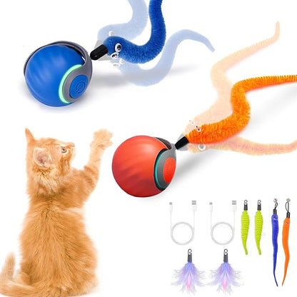 paeudomrf Interactive Cat Toy Ball for Indoor Cats, 2PCS Automatic Interactive Cat Ball Toys with 3 Tails Each Speedy Balls Rechargeable Motion Activated Cats Rolling Balls Toys to Keep Them Busy