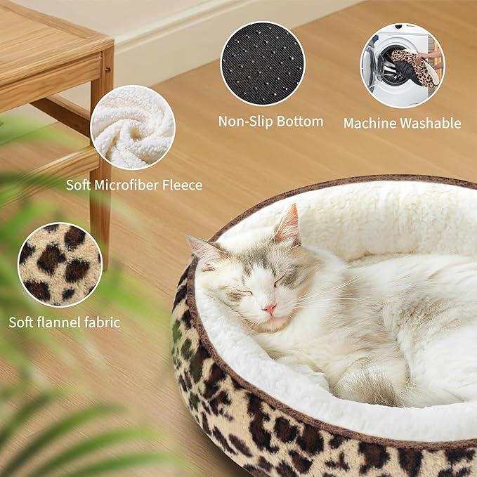 Zerbuger 20in Leopard Round Cat Dog Bed Gift for Large Medium Small Dogs Cats, Machine Washable Sleeping Sofa, Non-Slip Bottom Breathable Soft Calming Pet Cuddler for Indoor/Outdoor/Car/Cage