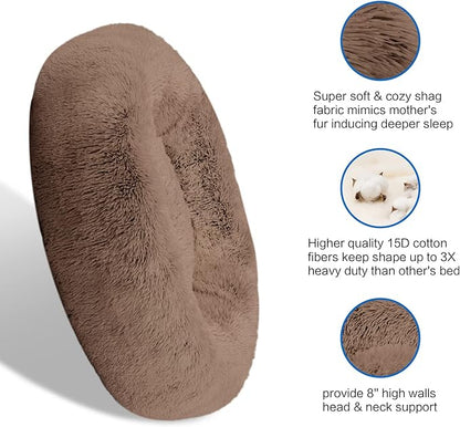 SAVFOX Plush Calming Donut Dog Beds for Small Dogs, Medium, Large & X-Large Breeds, Comfy Cuddler Dog Bed and Cat Bed in Faux Fur, Washable, Multiple Sizes S-XXL