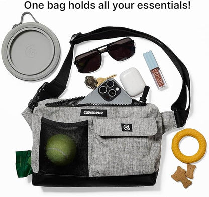 Cleverpup Dog Walk & Train Sling Bag by Cleverpup - Hands-Free 2-In-1 Treat Pouch, Poop Bag Holder, Clicker, Phone Pocket - Crossbody/Fanny Pack, Adjustable Strap - Heather Grey
