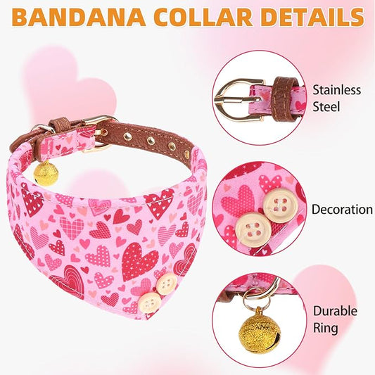 KOOLTAIL Valentine’s Day Dog Collar and Leash Set with Bowtie and Bells,Cute Puppy Bandana Collar and Leash for Girl with Pink Heart Pattern,Soft Leather Tangle Free Leashes for Small Dogs,Cats