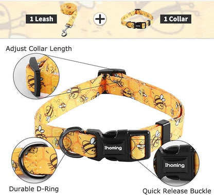 Ihoming Dog Collar and Leash Set for Daily Outdoor Walking Running Training, Bee Design for Small Boys Girls Dogs Cats Pets, S-Up to 20LBS