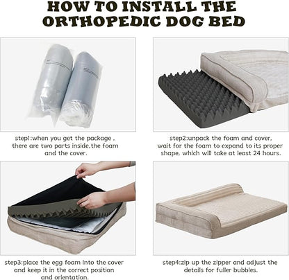 WINDRACING Orthopedic Dog Beds for Medium Dogs, Waterproof Egg Foam Dog Sofa Bed with L Bolster Sides, Washable Medium Pet Bed with Removable Cover & Non-Slip Bottom, 31 x 25 inch, Beige
