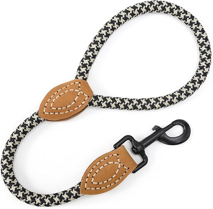 Mile High Life Short Leash for Large Dogs, Short Dog Rope Leash with Heavy Duty Metal Sturdy Clasp, Genuine Leather Tailored Connection(Black Khaki, 18 Inch)