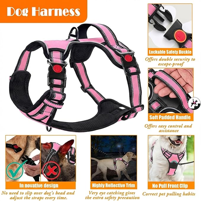 LOBEVE No Pull Dog Harness, Collar & Leash Set | Includes Dog Seat Belt, Collapsible Bowls & Poop Bag Dispenser. Ideal for Training, Walking, Hiking. Fits Small to Large Dogs(Pink-M)