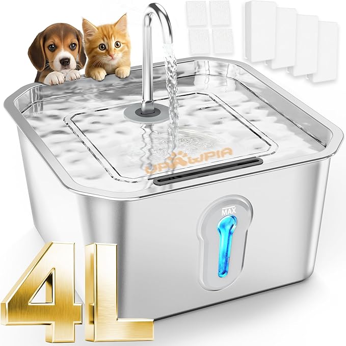 UPAWPIA 4L/135oz Large Cat Water Fountain Stainless Steel with 4 Filters Pet Water Fountain for Cats Quiet Indoor Pets Dog Small Animal Automatic Dog Water Dispenser for Drinking Watering Supplies