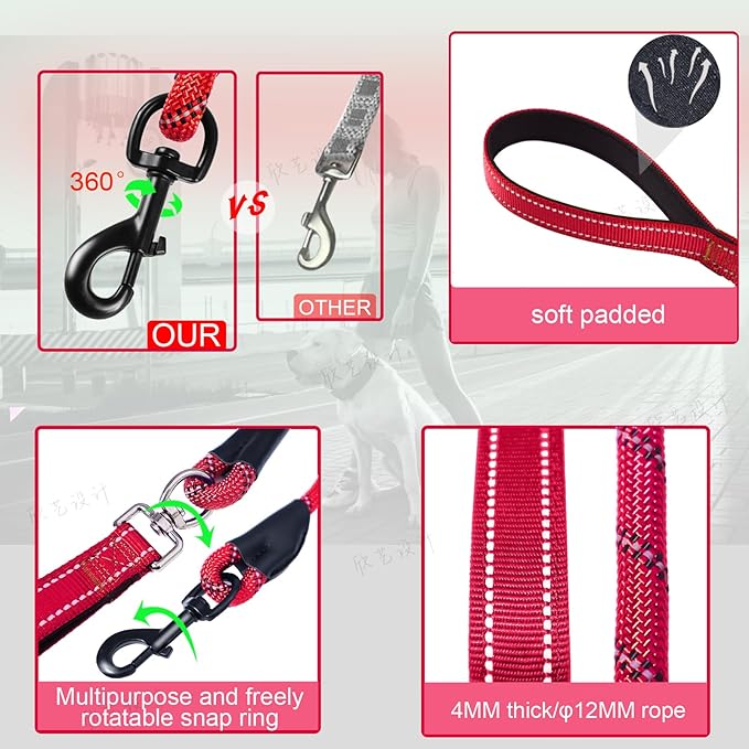 Dog Leash, 6 Foot Dog Leash, 2 Extra Padded Handles, Lockable Metal Carabiner Clip, Reflective No Pull Heavy Duty Rope Lead, Walking, Training, Running, Medium to Large Breeds（Red）