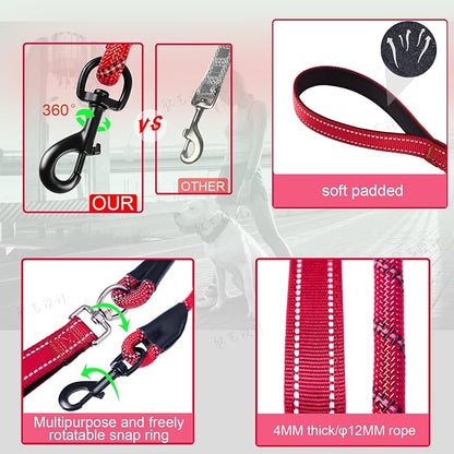 Dog Leash, 6 Foot Dog Leash, 2 Extra Padded Handles, Lockable Metal Carabiner Clip, Reflective No Pull Heavy Duty Rope Lead, Walking, Training, Running, Medium to Large Breeds（Red）