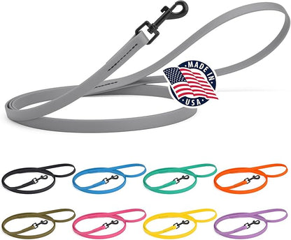 Dogline Biothane Waterproof Dog Leash Strong Coated Nylon Webbing with Black Hardware Odor-Proof Easy to Clean High Performance for Small or Large Dogs Made in USA 4 or 6 ft Lead, Battleship Gray