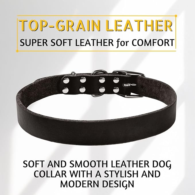 Adityna - Black Leather Dog Collar for Large Dogs - Classic Style, Soft and Strong, Heavy-Duty Top-Grain Leather Collar for Walking, Training, Hiking, and Running (L - Neck: 19-24 inches, Black)