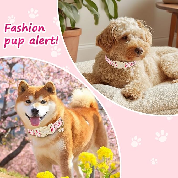 Adjustable Girl Dog Collars with Pink Bow, Cute Spring Summer Collar for Girl Boy Dog, Pink Pet Collar for Small Medium Large Dogs-S