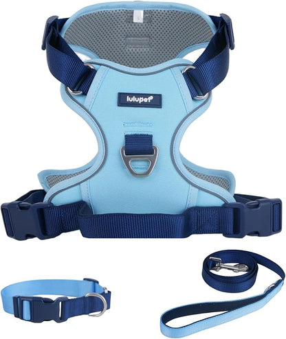 No Pull Dog Harness Leash and Collar Set, Soft Adjustable Dogs Vest Reflective and Comfortable Handle Blue Medium