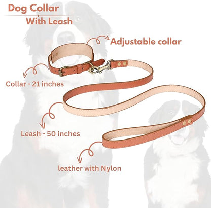 Lightnpro 21" Adjustable Tan Leather Dog Collar & Leash Set - Durable Soft Leather Collar with Leash - Comfortable, Heavy-Duty Walking & Training Gear for Large Breeds