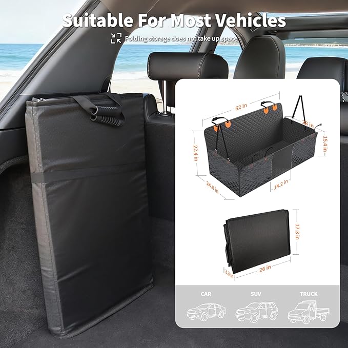 HOTEAGLE Back Seat Cover for Dogs, Waterproof Hard Bottom Spacious and Comfortable, Ideal for Car Trips and Outdoor Adventures, Cherished by Pet Owners（Black）