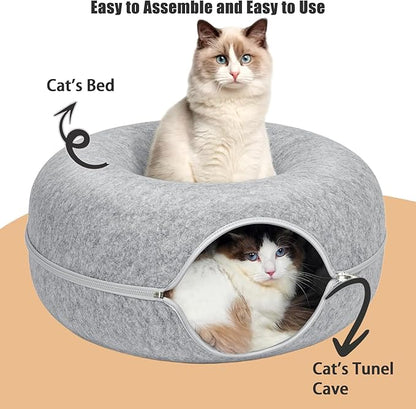 ZVGV 24inch-Tunnel Bed for Indoor,cattasaurus Peekaboo cat cave for Multiple,Detachable Felt Felt Washable Interior for Indoor Cats,Donut Tunnel (Light Gray)
