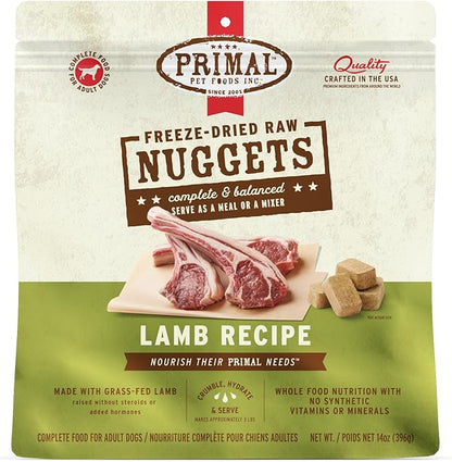 Primal Freeze Dried Raw Dog Food Nuggets, Lamb, Complete & Balanced Meal, Also Use as Topper or Treat, Premium, Healthy, Grain Free, High Protein Raw Dog Food, 14 oz