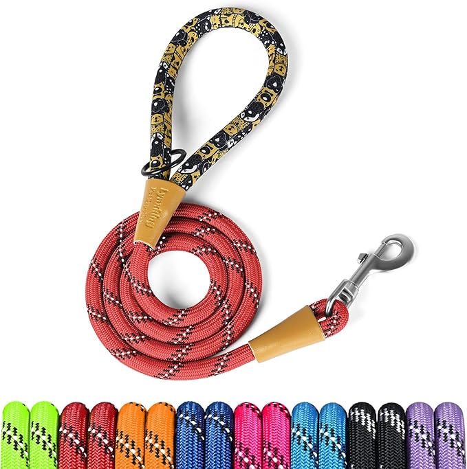 lynxking Rope Dog Leash 6 FT with Comfortable Padded Handle, Highly Reflective Threads Leash for Small Medium Large Dogs (Red, Large 1/2in x 6ft-Rope Clasp)
