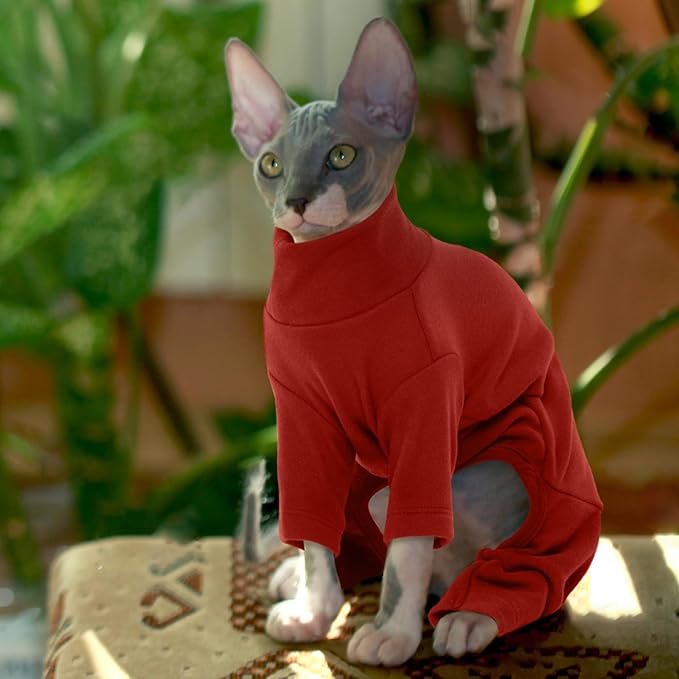 ROZKITCH Sphynx Cat Pajamas Christmas, Breathable Soft Cat Jumpers for Cats Only, Coat with Four Legs, Warm Sweater T-Shirt Pajamas Jumpsuit Vest Cornish Rex Devon Rex Peterbald Red XS