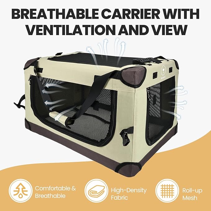 PEGIC Large Cat Carrier for Car Travel, Soft Sided Collapsible Pet Carrier for Outdoor and Indoor Uses, Roomy Extra Large Cat Carrier for 2 Kittens or Puppies Up to 50lbs (Brown)