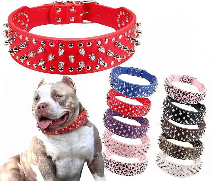 Hoot PU Leather Adjustable Spiked Studded Dog Collar 2" Wide 43 Spikes (L(Neck 21"-24"), Red)