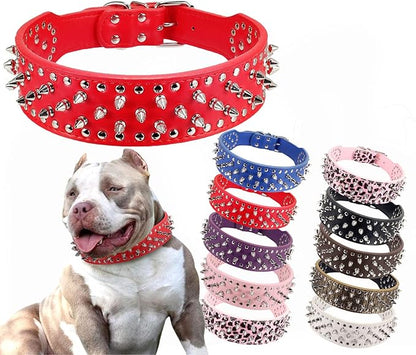 Hoot PU Leather Adjustable Spiked Studded Dog Collar 2" Wide 25 Spikes (XS(Neck 15"-18"), Red)