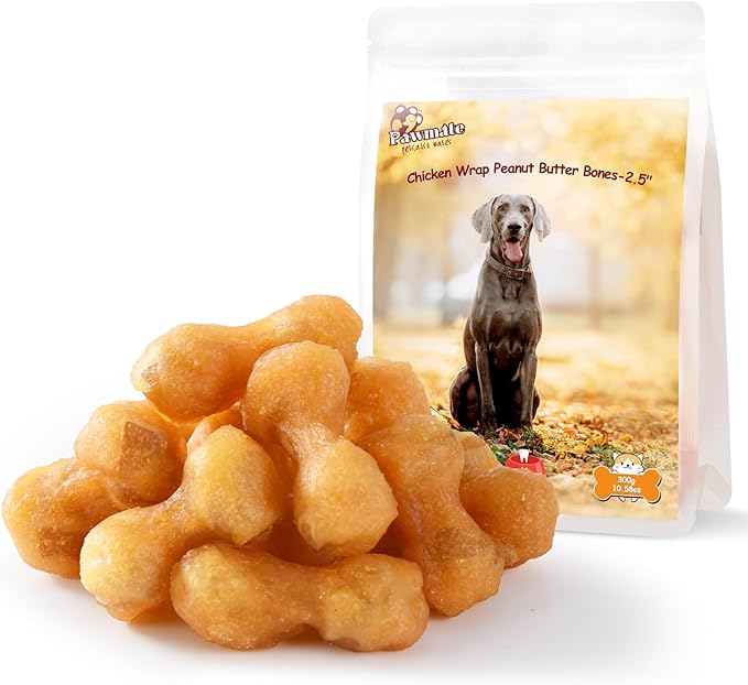 Pawmate Dog Treats Chicken Wrapped Peanut Butter Bones 2.5'', Easily Digestable Dog Chews Rawhide Free Grain Free, Chewy Training Treats Snacks for Small Medium Large Dogs, 10.6 oz