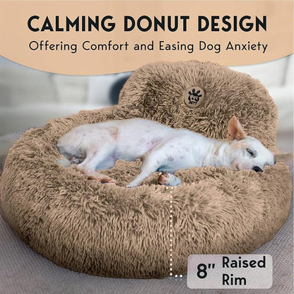 PetJett Calming Medium Dog Bed - 30'' Round Dog Beds, Anti-Slip & Washable Super Soft Fluffy Plush Donut Bed, Anti-Anxiety Premium Comfort Pet Bed, Fits Dogs up to 45 lbs - Beige