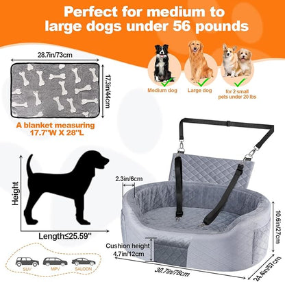 Dog Car Seat for Medium Large Dogs Up to 25.59", 28D High-Density Memory Foam with Waterproof Cover, Pet Travel Bed with Storage Pockets, Blanket, Dog Safety Belt, Grey