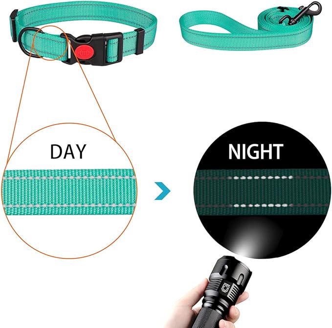 Reflective Dog Collar and Leash Set with Safety Locking Buckle Nylon Pet Collars Adjustable for Small Medium Large Dogs 3 Sizes(Mint Green&S)