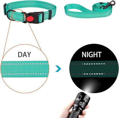 Reflective Dog Collar and Leash Set with Safety Locking Buckle Nylon Pet Collars Adjustable for Small Medium Large Dogs 3 Sizes(Mint Green&S)