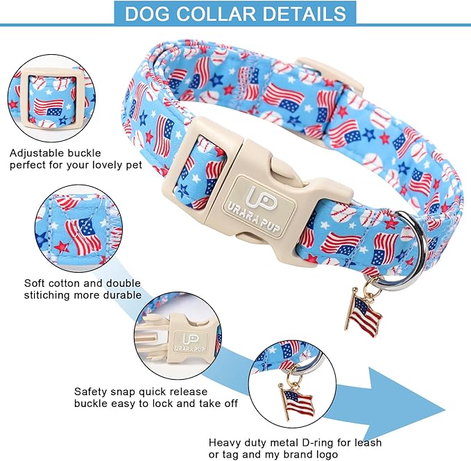 UP URARA PUP 4th of July Dog Collar–American Flag Dog Collars,Patriotic Stars & Baseball Pet Collar with Quick Release,Adjustable for Small/Medium Dogs