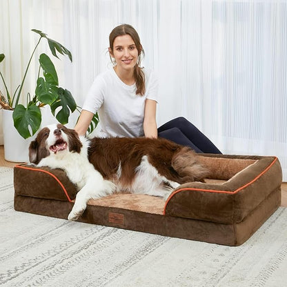 Comfort Expression Orthopedic Dog Bed for Large Dogs 35x22 Inch, Waterproof Supportive Egg Crate Foam Large Pet Bed with Removable Bolsters, Dog Couch with Washable Cover & Non-Slip Bottom, Brown