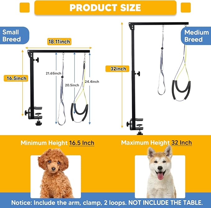 Adjustable Dog Grooming Arms with Anti-Slip Powerful Metal Clamp,Portable Pet Grooming Arm for Table with 1 Loop Noose & Two No Sit Haunch Holder,Grooming Restraint for Small Medium Dogs/Cats at Home