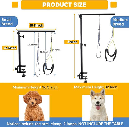Adjustable Dog Grooming Arms with Anti-Slip Powerful Metal Clamp,Portable Pet Grooming Arm for Table with 1 Loop Noose & Two No Sit Haunch Holder,Grooming Restraint for Small Medium Dogs/Cats at Home