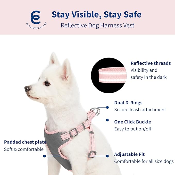 Blueberry Pet Pastel Colored Reflective Dog Harness with Seatbelt Clip – Adjustable No-Pull Pet Vest for Walking and Car Safety, Medium in Baby Pink